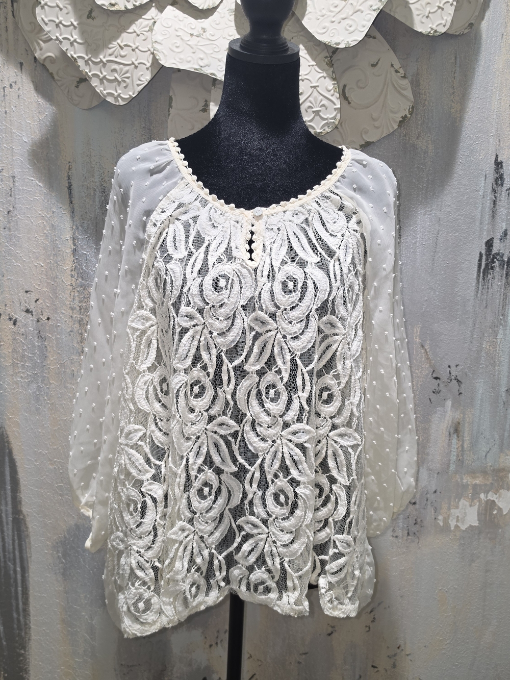 Style & Co. Romantic Cream Lace Overlay Peasant Blouse Size XL